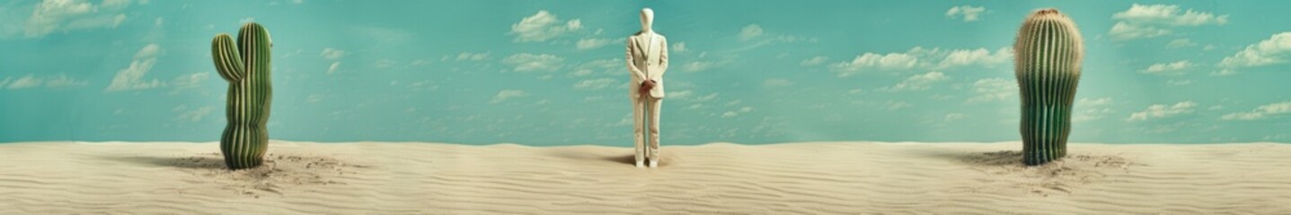 Wall Mural - Serene Desert Scene with Lone Man and Cacti Under Blue Sky - Symbolizing Freedom and Minimalist Joy