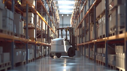 ai-controlled robotic forklift performing storage operations in an advanced warehouse, showcasing au