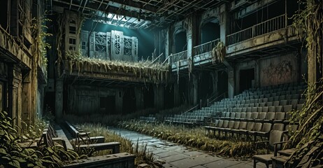 Wall Mural - old abandoned theatre building interior. overgrown architecture with eroded post apocalyptic auditorium stage and seating at night.