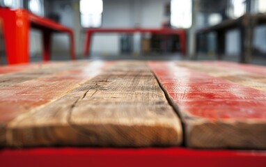 Poster - Vibrant Red Wooden Table in Corporate Setting with Gray Bokeh Background, Bright Daylight, Minimalistic Design Concept
