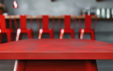 Aufkleber - Bright Daylight Accentuates Vibrant Red Table in Corporate Cafe, Featuring Minimalist Aesthetic and Color Contrast