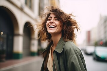 Portrait of beautiful young woman with flying hair in the city.