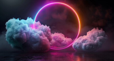 Wall Mural - A glowing circle is surrounded by clouds in a dark sky by AI generated image