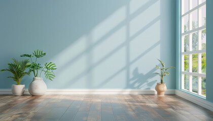 A large open room with a blue wall and white trim by AI generated image
