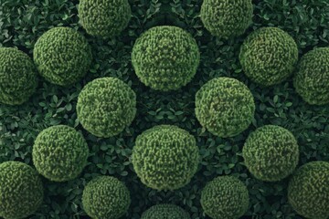 Poster - Aerial Symmetry Intricate Green Topiary Balls in Geometric Arrangement, Soft Pastel Lighting Enhances Textural Depth