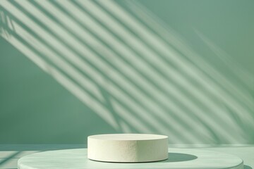 Aufkleber - Minimalist Mockup with Vibrant Green Round Podium Against Pastel Blue Textured Background in Bright Diffused Lighting