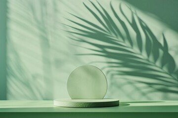 Aufkleber - Minimalist Green Podium on Pastel Blue Background with Soft Shadows for Product Display in Bright Natural Light