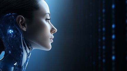 Wall Mural - Close-up Profile of a Female Cyborg with a Futuristic Blue Glow