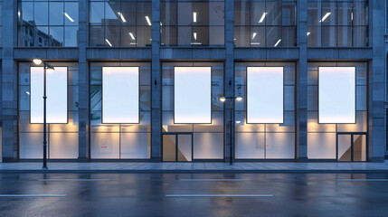 Poster - Modern building facade with blank billboards, wet street, and copy space text for website, app, presentation, and social media.