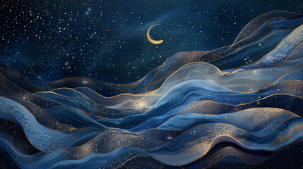 Poster - Abstract blue and gold night sky with moon and stars, with copy space text for website, app, presentation, and social media.