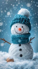 Wall Mural - Snowman on blue background with space for text, winter, christmas, new year, cold, game, celebration, seasonal, outdoor, generated by AI, HD wallpaper, background, generated by AI.