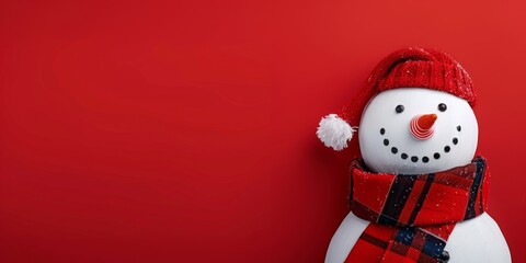 Wall Mural - Festive Snowman on Red Background with Text Space: AI-Generated High-Resolution Winter, Christmas, and New Year Themed Wallpaper for Celebrations