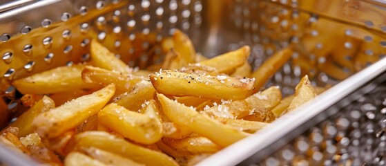 Wall Mural - Deep fryer basket filled with golden, crispy french fries, ready to serve, detailed texture, steaming hot, perfect snack or meal