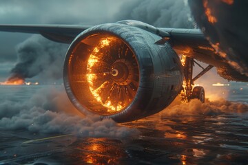 Wall Mural - Airplane Engine Fire on Rainy Runway