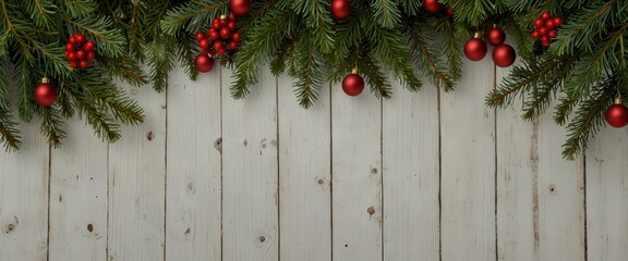 Wall Mural - Christmas background pine leaves decoration on white wood plank, frame border design Merry Christmas and New Year holiday background top view.