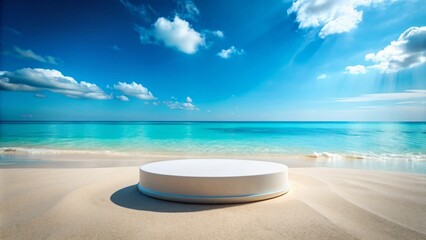 Wall Mural - Vibrant summer beach scene featuring a modern 3D pedestal display stand on sandy shore amidst calm turquoise sea and clear blue sky.