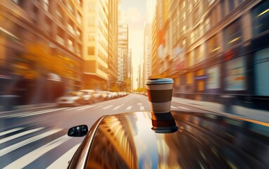 Fototapete - A car is driving down a city street with a cup of coffee on the dashboard