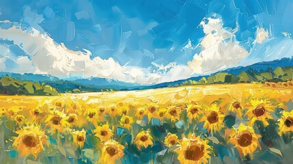 Wall Mural - A painting of a field of yellow sunflowers with a blue sky in the background