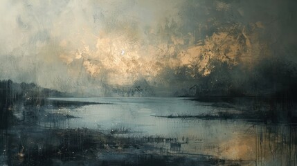 Poster - A painting of a lake with a cloudy sky and a bird flying over it