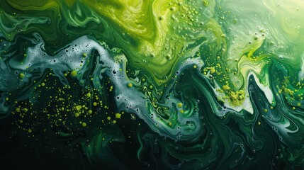 Poster - A green and white abstract painting with a lot of green swirls and white dots