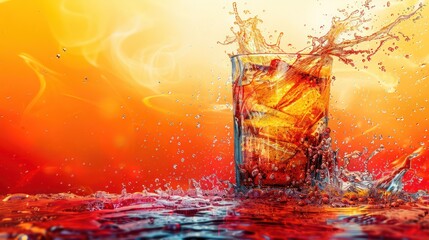 Poster - A glass of soda is splashing water on a red background