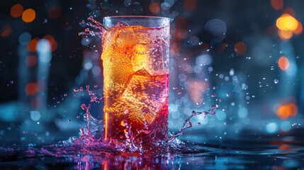 Poster - A glass of liquid with ice cubes in it is splashing water