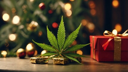 Wall Mural - Cannabis leaf with gift boxes Christmas presents CBD marijuana products.