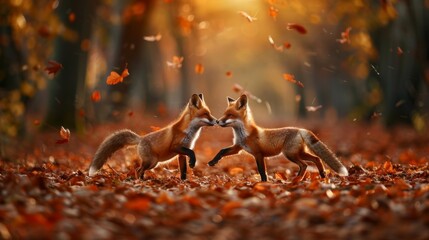 Two foxes are playing in the fall leaves