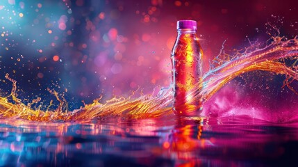 Poster - A bottle of water is floating in a pool of water with a splash of color