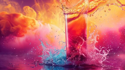 Poster - A glass of colorful liquid with a splash of water on the table