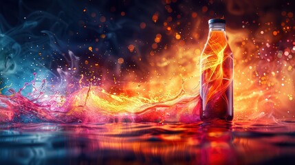 Poster - A bottle of soda is floating in a pool of water with a fire in the background