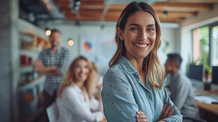 Poster - A woman is smiling and posing for a picture in a room with a few other people
