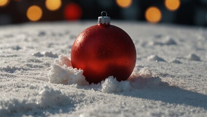 Wall Mural - Christmas holiday background with red ball on snow.