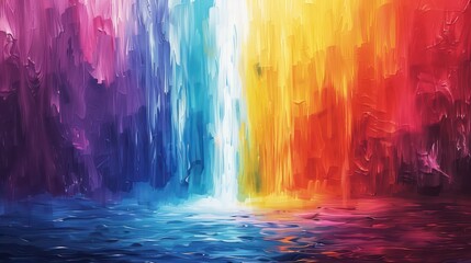 Wall Mural - A painting of a waterfall with a rainbow in the background