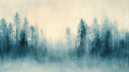 Wall Mural - A painting of a forest with trees and a misty sky