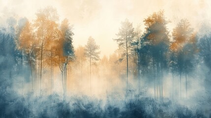 Wall Mural - A forest with trees in the background and a foggy sky