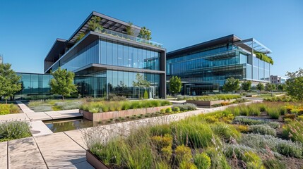 A large building with a green roof and a garden in front of it