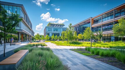Aufkleber - A large building with a green courtyard in front of it