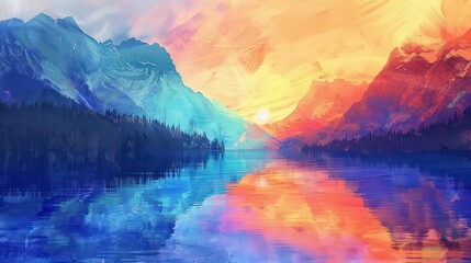 Poster - A painting of a mountain range with a sunset in the background