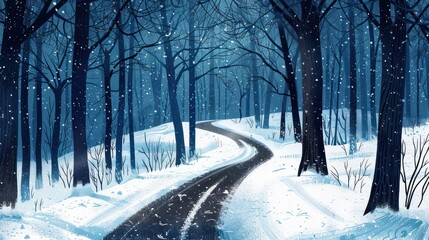 Aufkleber - A snowy forest road with trees in the background
