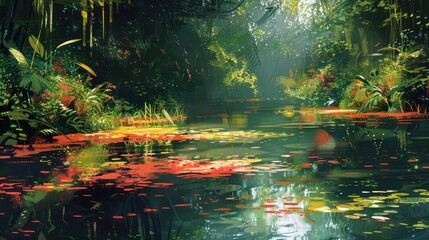 Poster - A painting of a river with a lot of green plants