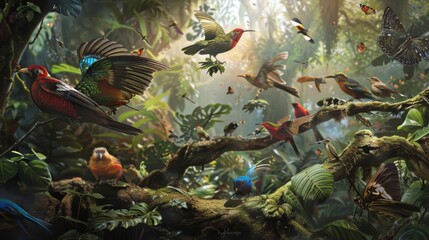 Wall Mural - A painting of many birds in a jungle