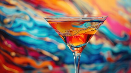 Poster - A colorful abstract painting with a glass of liquid in the center