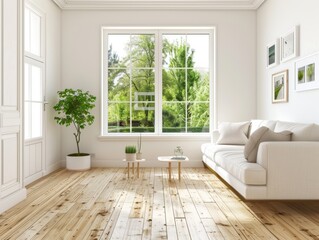 Wall Mural - Empty white living room with only a few pieces of furniture, small Windows looking out onto the garden, wooden floors, natural light