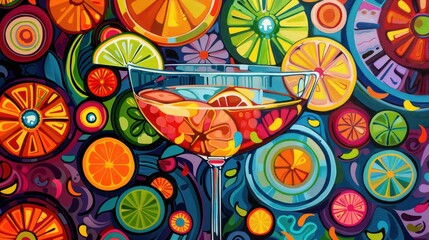 Poster - A colorful painting of a glass of wine with a slice of lime in it