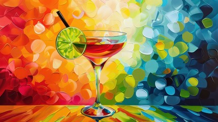 Poster - A colorful painting of a martini glass with a lime wedge in it