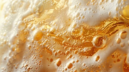 Poster - A close up of foam bubbles in a glass of beer