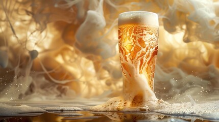 Poster - A glass of beer with foam on top is sitting on a table