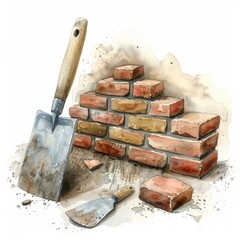 Watercolor Illustration of Brick Wall Construction with Trowels and Bricks