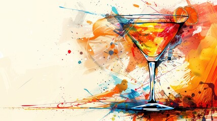 Poster - A colorful abstract painting of a martini glass with an orange slice in it